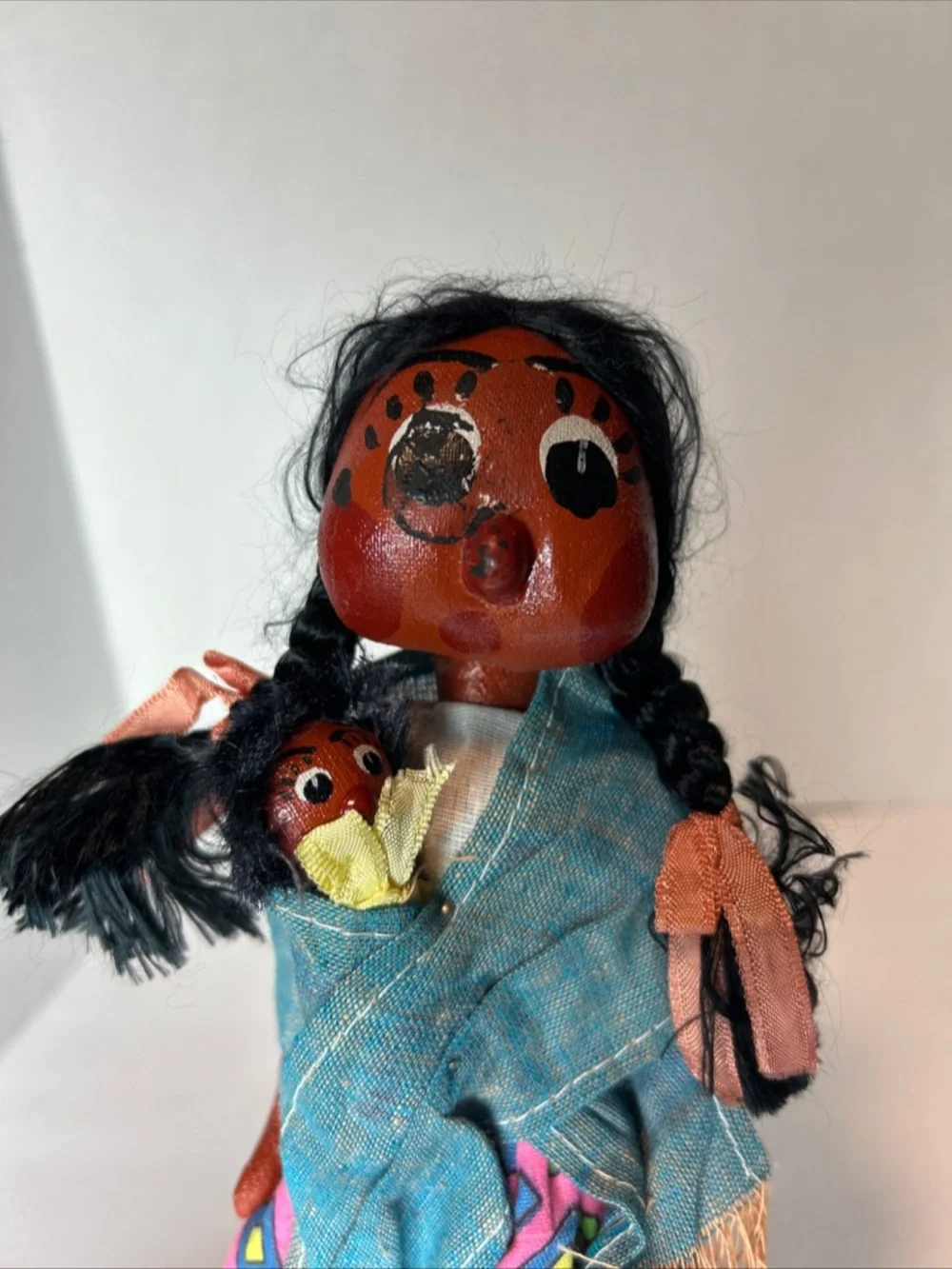 VTG Mexican Doll Mother w / Papoose Child Peddler Folk Art Handmade Rare 10
